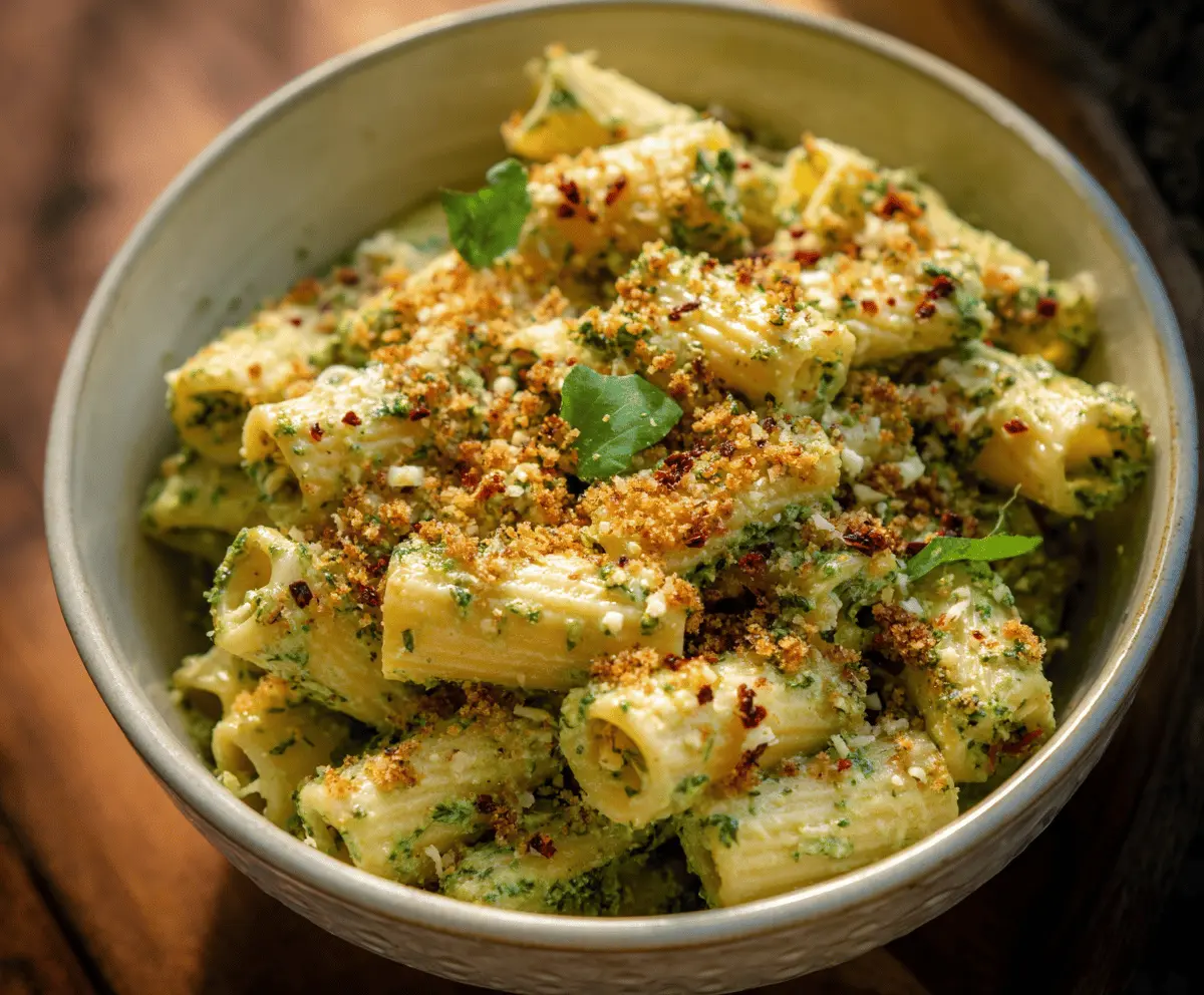 Creamy Pesto Rigatoni with Spicy Garlic Breadcrumbs