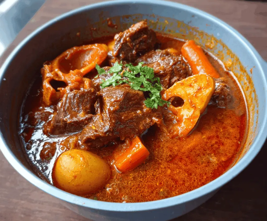 Savory African Beef Stew with tender beef chunks, fresh vegetables, and flavorful spices served in a rustic bowl