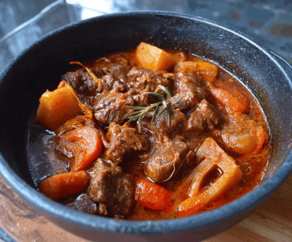 Delicious African Beef Stew with tender beef, fresh vegetables, and rich spices served in a traditional bowl
