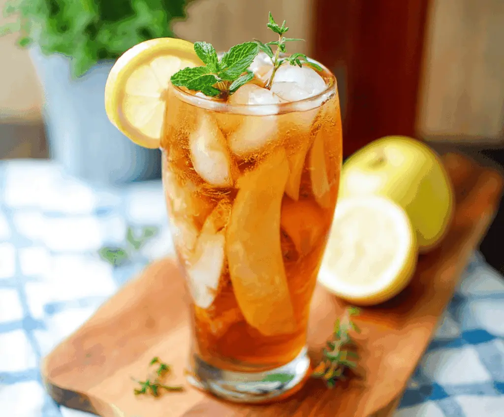 A refreshing glass of Apple Butter Iced Tea garnished with apple slices and mint leaves, served over ice in a clear glass pitcher.