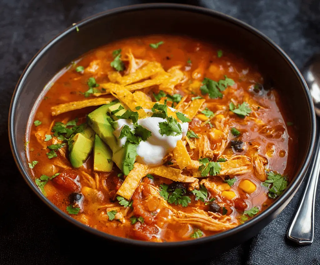 Delicious bowl of authentic chicken tortilla soup with shredded chicken, melted cheese, fresh cilantro, and crispy tortilla strips garnished with lime wedge