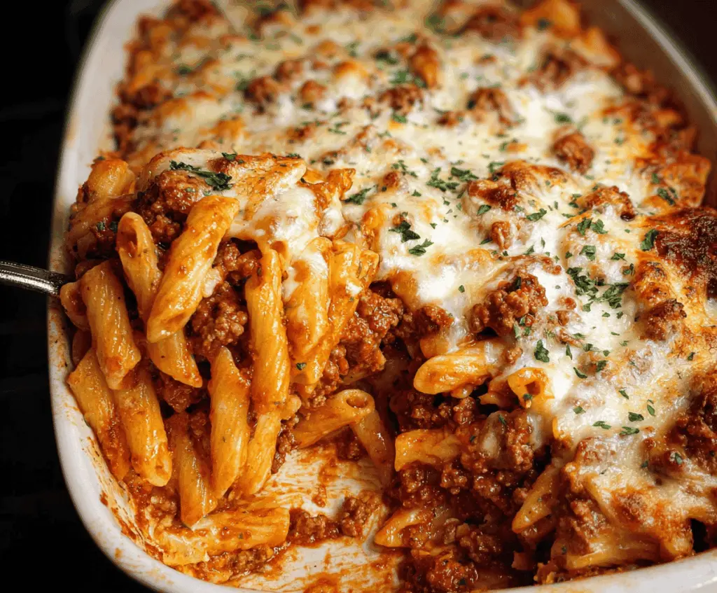 Delicious baked ziti with ground beef, melted cheese, and marinara sauce served in a baking dish, perfect for a hearty Italian dinner.