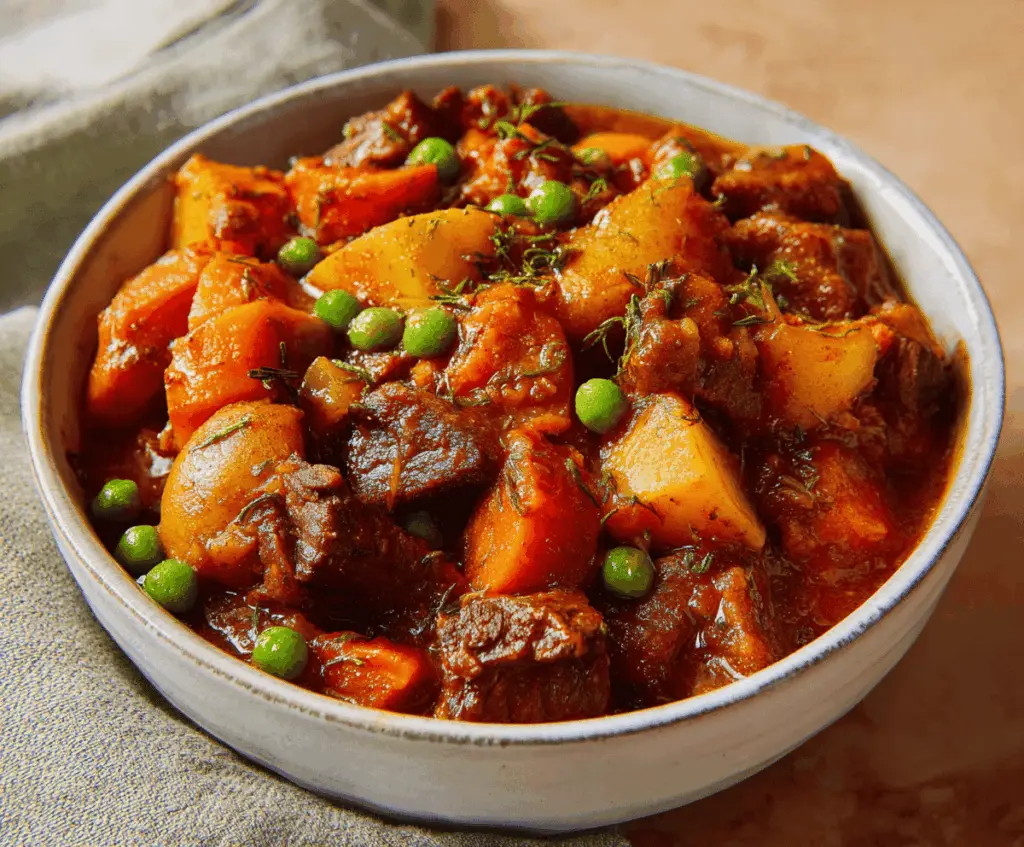 Hearty beef and vegetable stew in a rustic bowl, featuring tender beef chunks, carrots, potatoes, and fresh herbs for a comforting homemade meal.