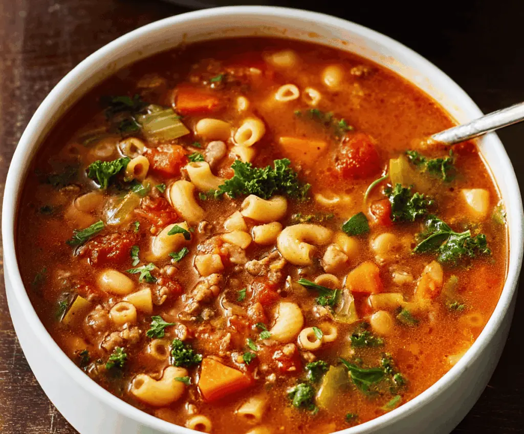 A bowl of hearty Pasta Fagioli Soup with beans, pasta, vegetables, and fresh herbs, served steaming hot for a comforting meal.