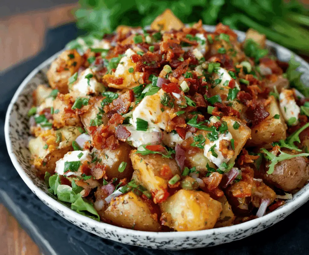 Delicious classic potato BBQ side salad featuring chopped potatoes, fresh vegetables, and savory dressing, perfect for summer barbecues.