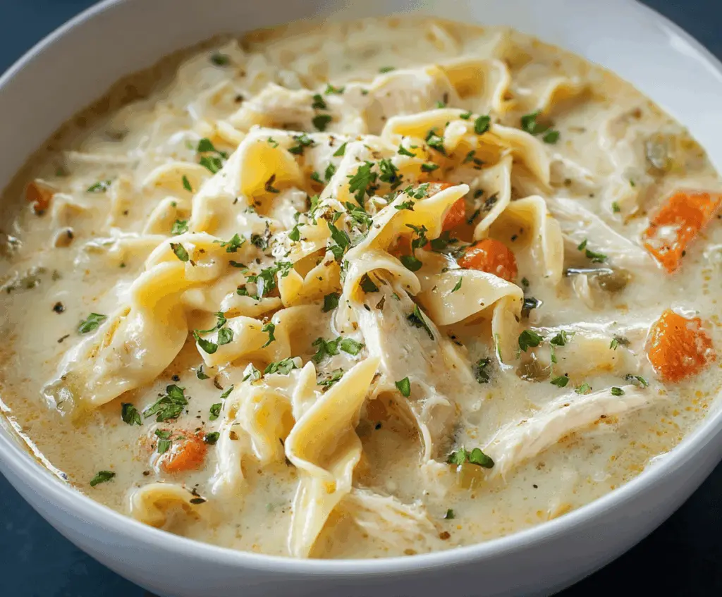 A bowl of creamy chicken noodle soup with tender chicken, vegetables, and noodles in a rich, savory broth.