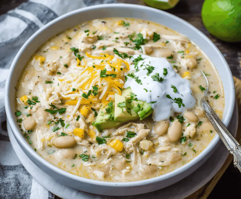 Creamy Crockpot White Chicken Chili in a bowl topped with shredded cheese and fresh cilantro, served in a cozy setting