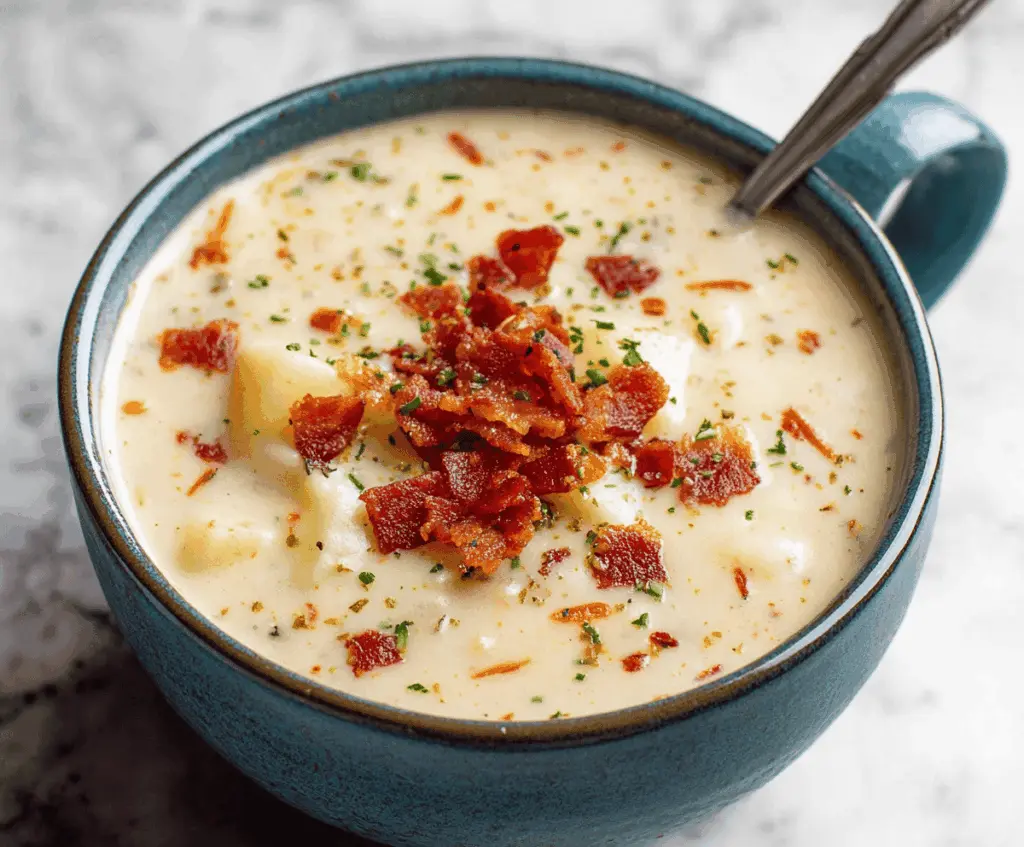 Creamy potato soup garnished with crispy bacon bits in a bowl, served with fresh herbs and a spoon on a rustic table.