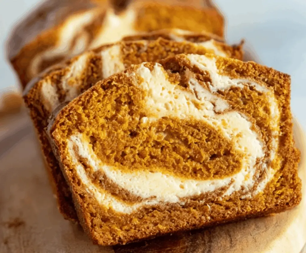Delicious homemade pumpkin bread with cream cheese swirl, perfect for fall baking and holiday treats