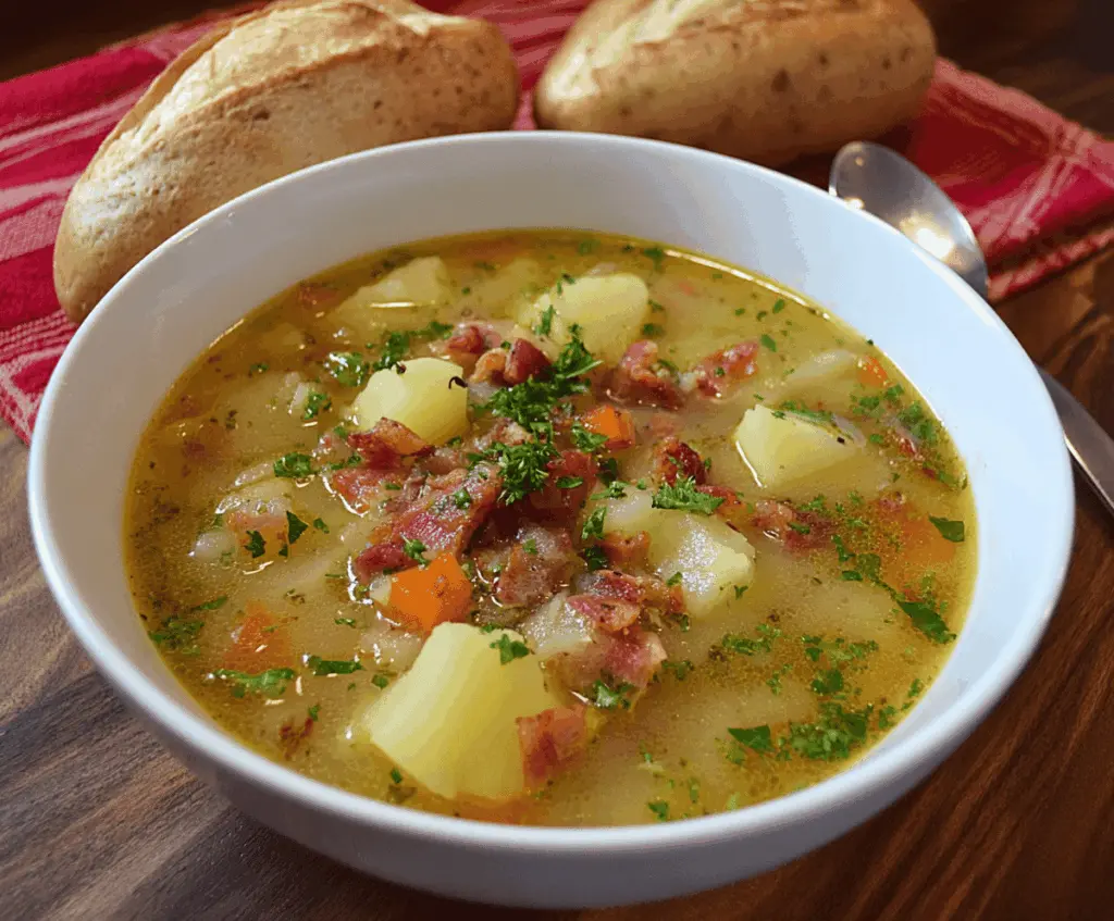 Creamy German Potato Soup served in a bowl topped with fresh herbs and sliced sausage, perfect for a hearty and comforting meal.