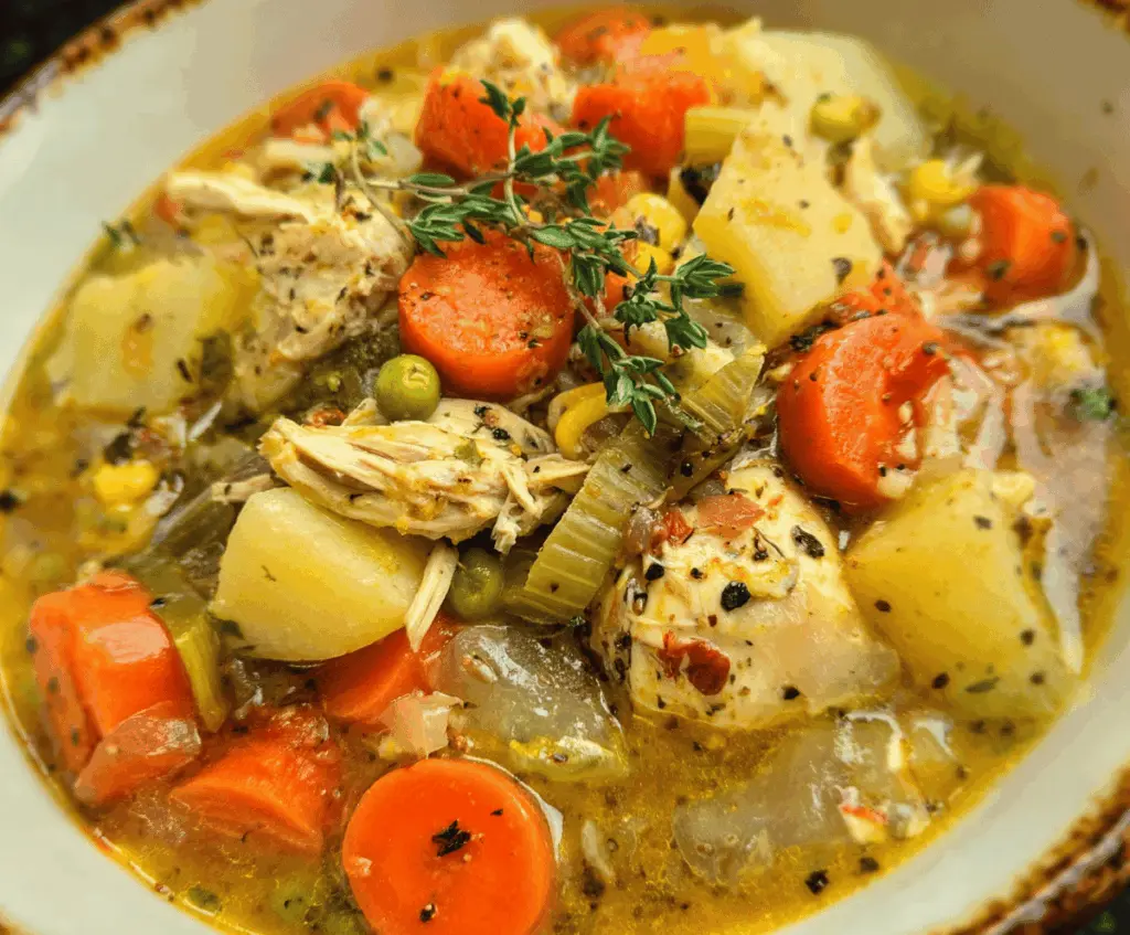 Hearty chicken stew with fresh vegetables in a rustic bowl, garnished with herbs, perfect for a comforting and nutritious meal.