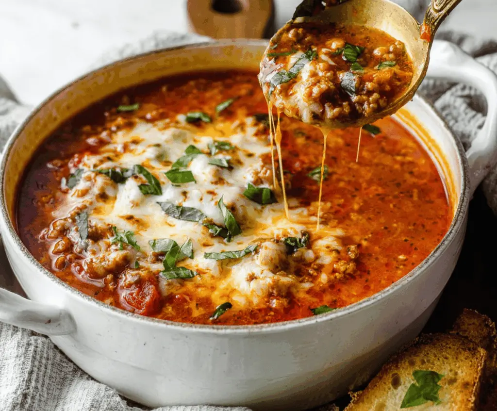 Creamy High Protein Lasagna Soup with layers of ground meat, spinach, ricotta, and melted cheese in a savory broth