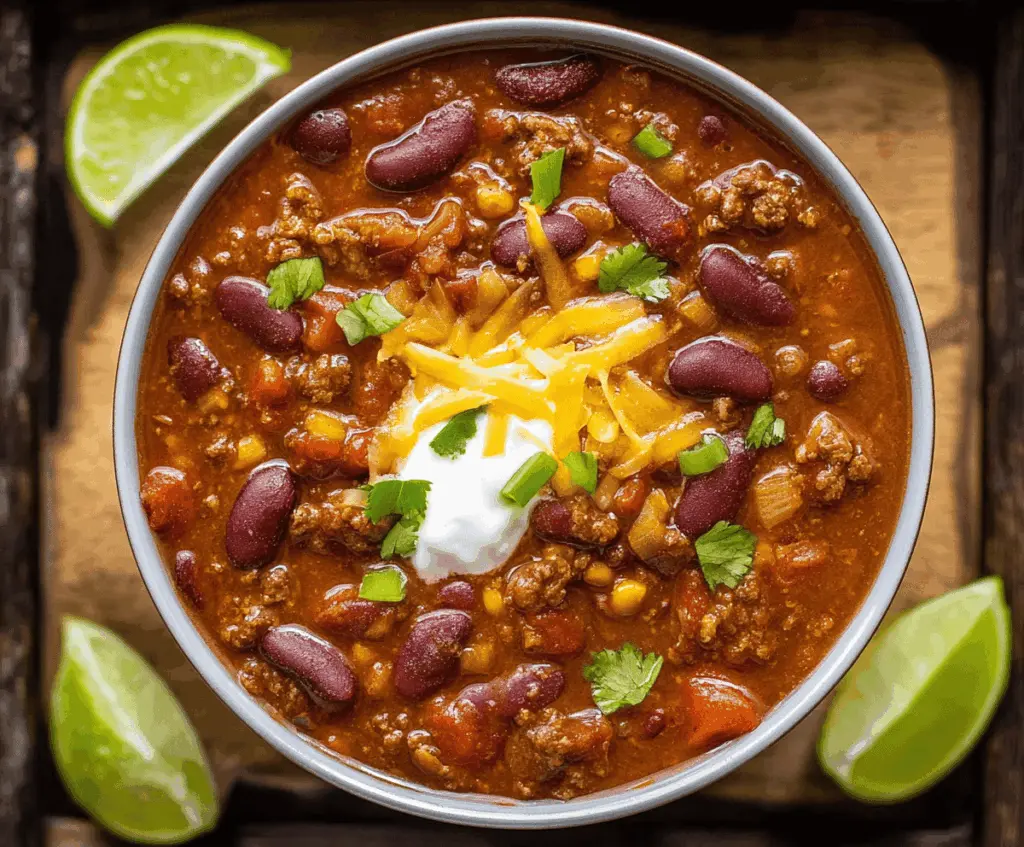 Delicious homemade Instant Pot chili in a bowl with beef, beans, and spices, ready to serve