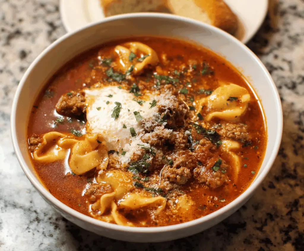 A bowl of Italian Sausage Lasagna Soup garnished with melted cheese, fresh basil, and a sprinkle of herbs, showcasing layers of sausage, pasta, and tomato broth.