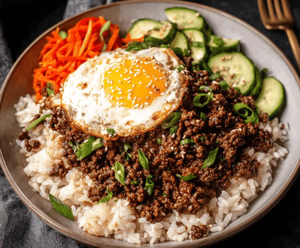 Delicious Korean Ground Beef Bowls topped with chopped green onions and sesame seeds, served over rice