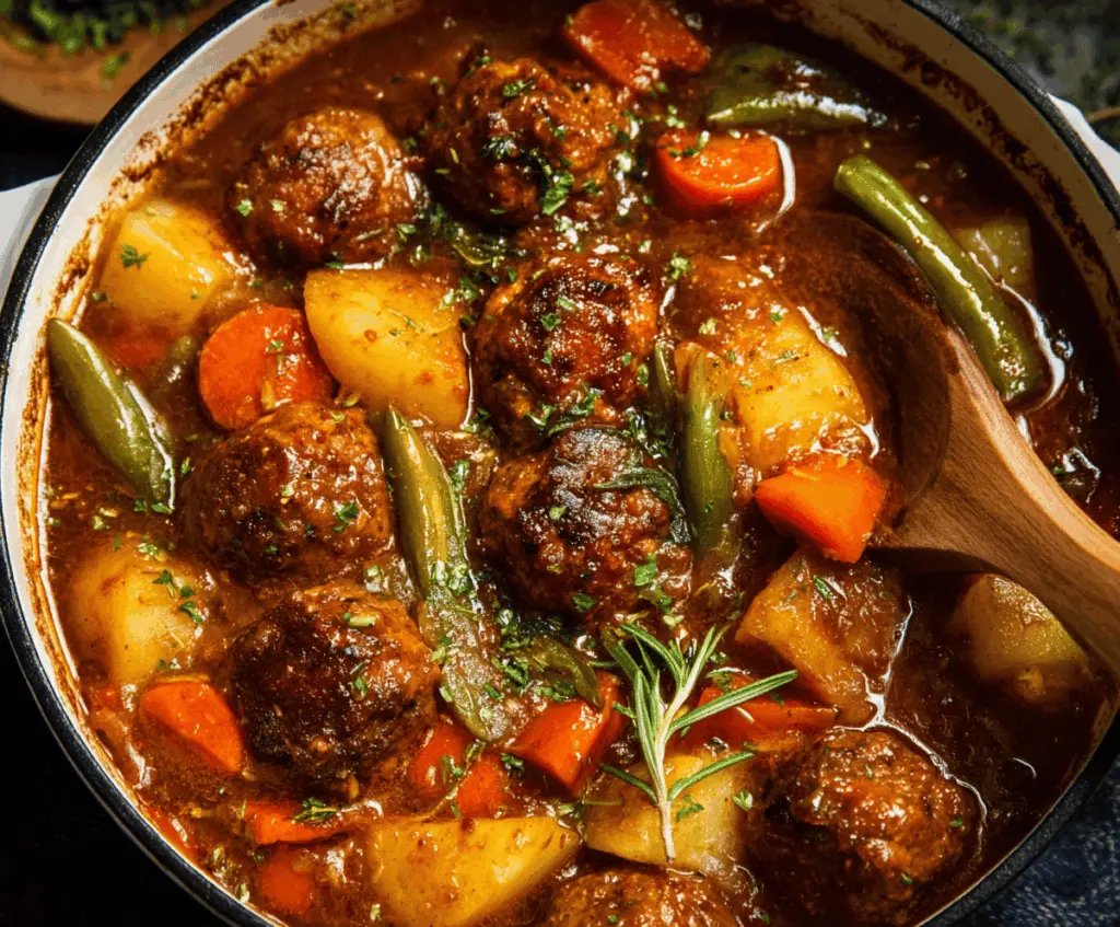 Delicious one-pot meatball stew with hearty meatballs, vegetables, and savory broth served in a bowl