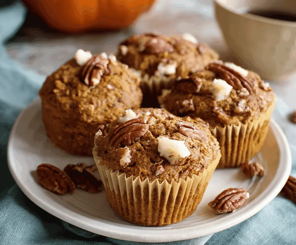 Delicious homemade pumpkin pecan muffins topped with chopped pecans and a sprinkle of cinnamon, perfect for fall breakfast or snack