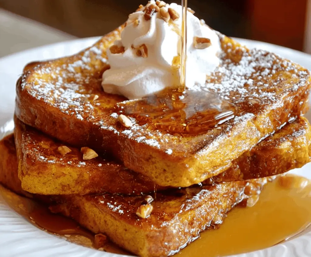 Golden Pumpkin Pie French Toast topped with whipped cream and cinnamon, served with fresh berries and maple syrup for a delicious fall breakfast.