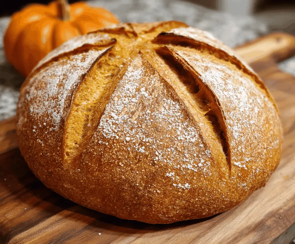 A freshly baked loaf of pumpkin sourdough bread with a golden crust, garnished with pumpkin seeds and slices revealing a moist, flavorful pumpkin-infused interior.