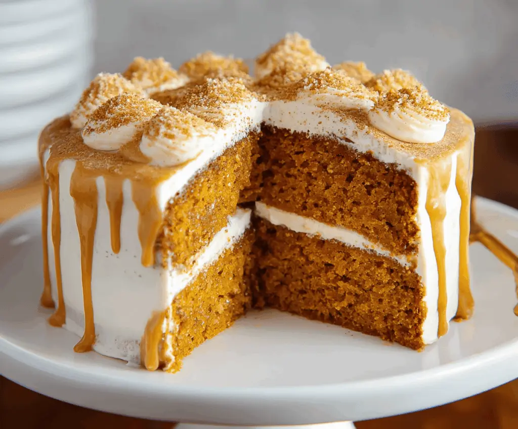 Delicious homemade Pumpkin Spice Cake topped with whipped cream and cinnamon, perfect for fall celebrations.