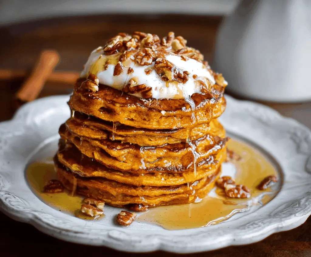 Fluffy pumpkin spice pancakes topped with whipped cream and cinnamon, served with maple syrup on a autumn-themed plate.