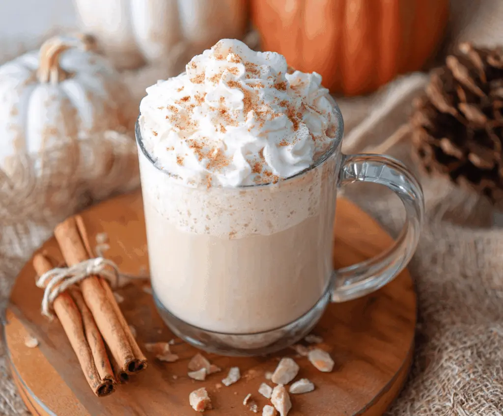 Creamy Pumpkin Spice White Hot Chocolate topped with whipped cream and a cinnamon sprinkle in a cozy mug, perfect for fall indulgence.