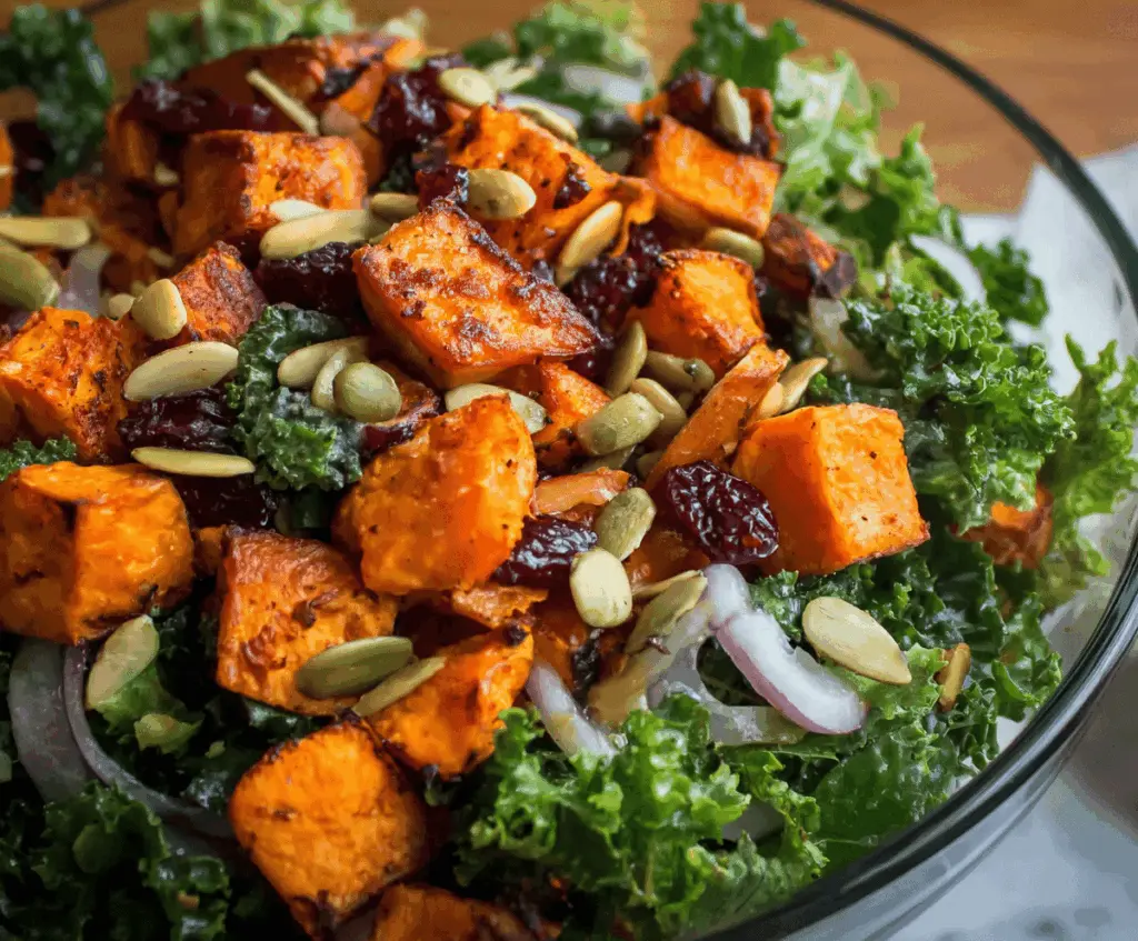 Fresh roasted sweet potato and kale salad topped with crunchy seeds and vibrant vegetables, perfect for a healthy and delicious meal.