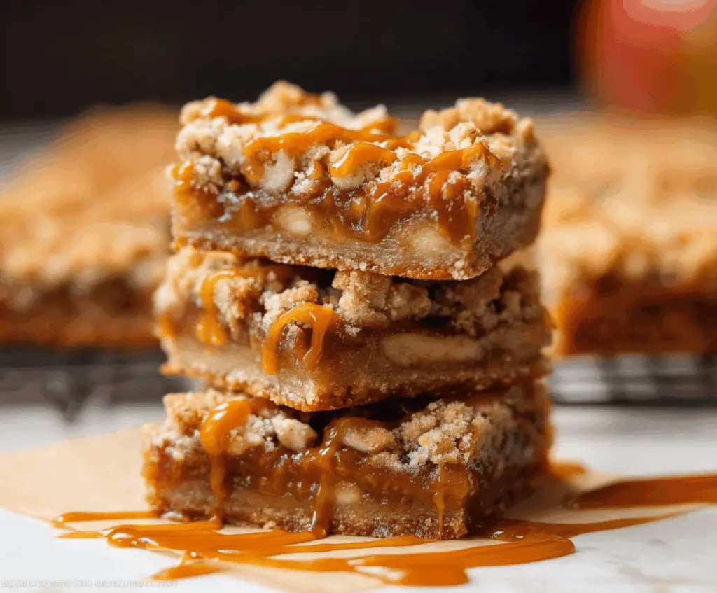 Delicious Salted Caramel Apple Bars topped with caramel drizzle and sea salt, featuring a golden crumbly crust and fresh apple slices for a sweet and savory dessert