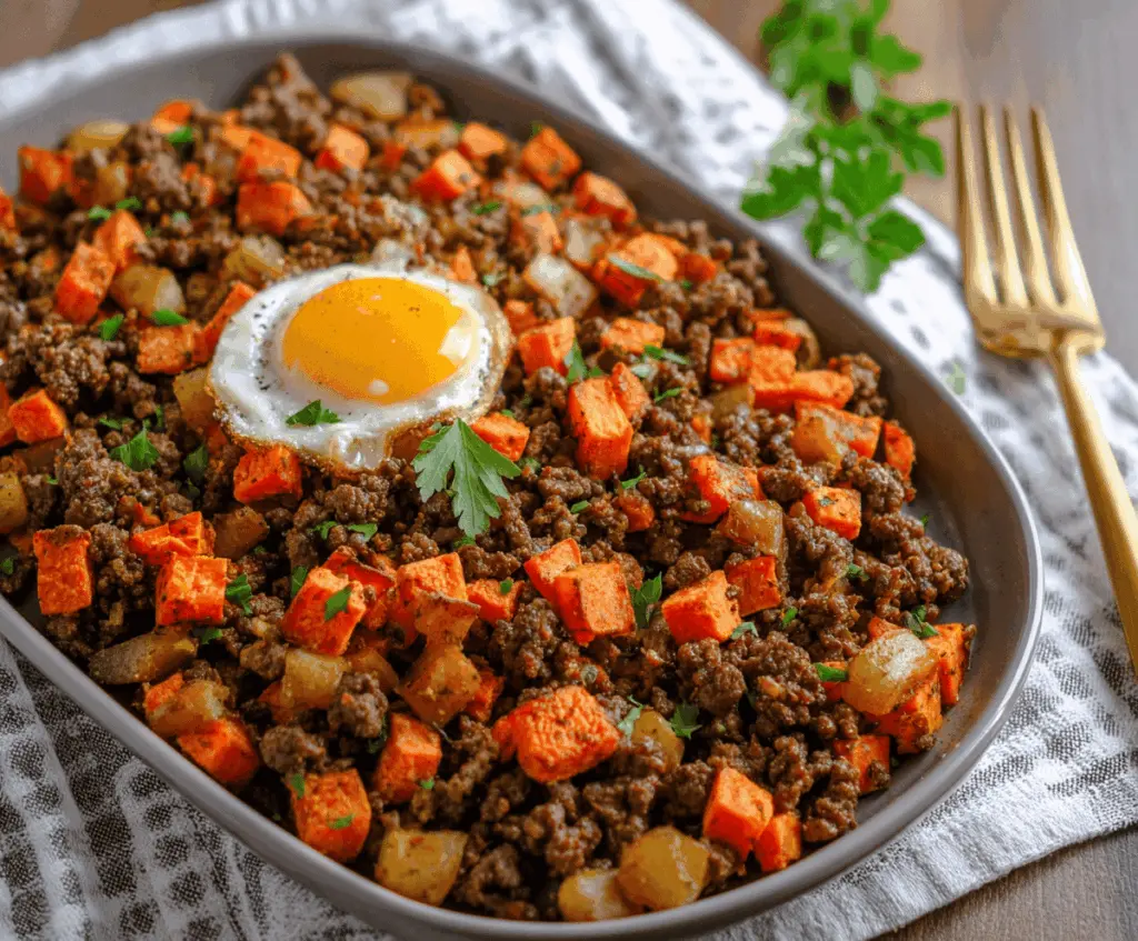Delicious sheet-pan ground beef and sweet potato hash with colorful vegetables on a baking sheet