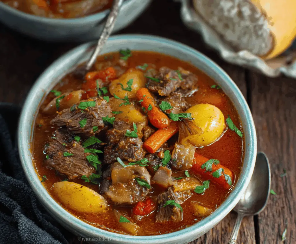 Delicious Slow Cooker Italian Beef Stew with tender beef, vegetables, and herbs in a hearty broth