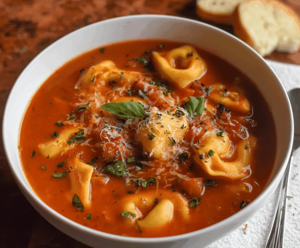 Creamy slow cooker tomato tortellini soup garnished with fresh basil in a bowl, perfect for cozy meals