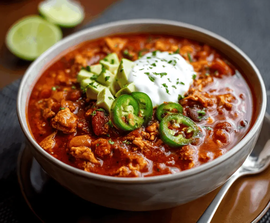 A bowl of hearty smoky chipotle turkey chili topped with shredded cheese, chopped cilantro, and a dollop of sour cream, served with a side of crusty bread