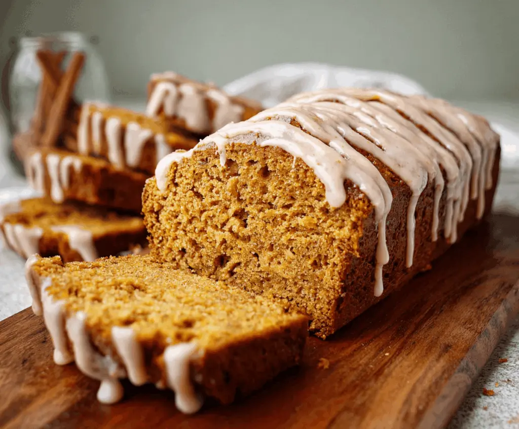 Delicious homemade spiced pumpkin bread topped with a glossy cinnamon glaze, perfect for fall baking and holiday treats.