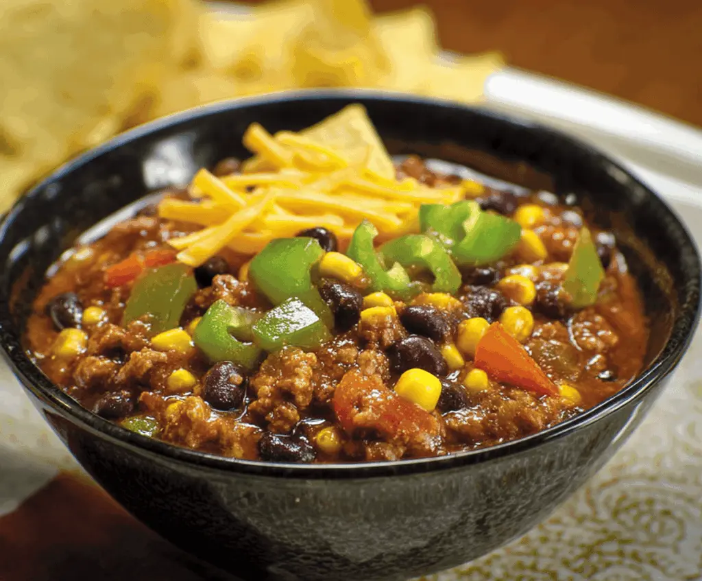 Hearty spicy Southwest chili with corn, red and green peppers, topped with fresh cilantro in a rustic bowl