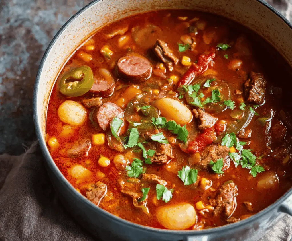 Hearty Texas Cowboy Stew in a rustic bowl topped with fresh herbs, featuring chunks of beef, potatoes, vegetables, and spices.