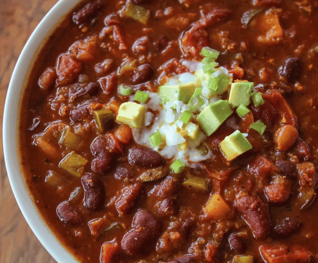 A colorful bowl of vegetarian three-bean chili topped with chopped cilantro and shredded cheese, featuring black beans, kidney beans, and pinto beans in a rich tomato-based sauce.