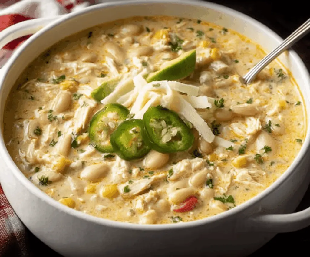Creamy white chicken chili in a bowl topped with shredded cheese, cilantro, and chopped green onions, served with tortilla chips on the side.