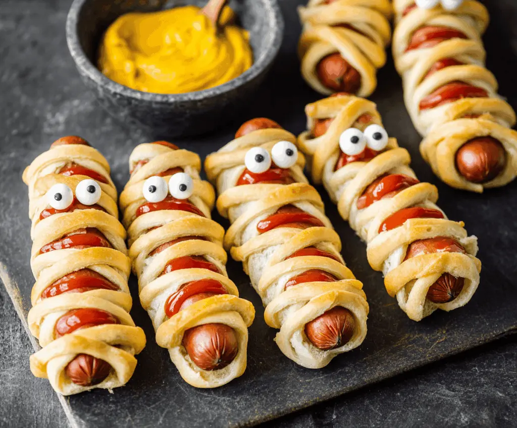 Delicious 3-ingredient Halloween mummy hot dogs wrapped in crescent roll bandages, perfect for spooky party snacks.