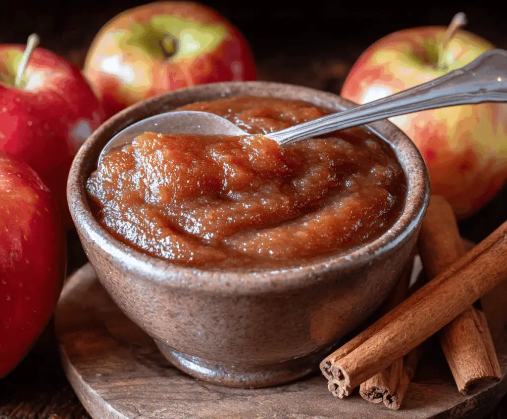 Creamy homemade apple butter spread on a rustic wooden spoon, perfect for toast and breakfast spreads