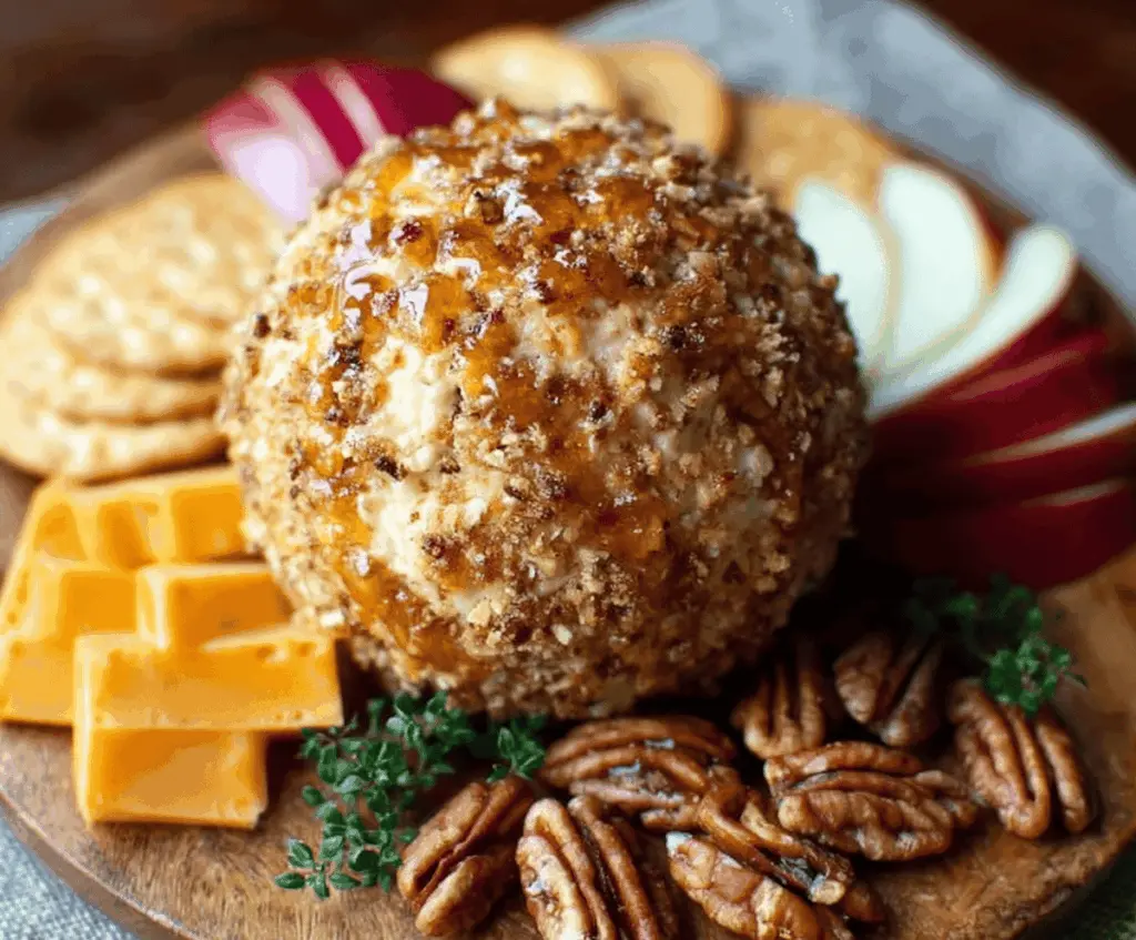 Creamy apple cider cheese ball coated with chopped nuts and herbs, served with crackers for a festive appetizer.