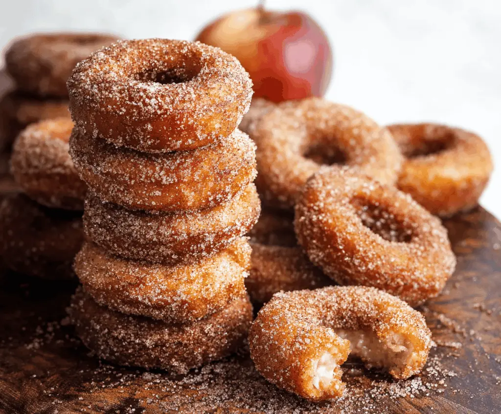 Freshly baked apple cider donuts on a rustic plate, perfect for fall dessert or breakfast.