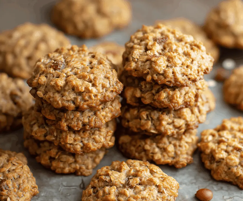 Homemade apple cinnamon oatmeal cookies on a plate with a cinnamon stick and apple slices, perfect for a cozy breakfast or snack