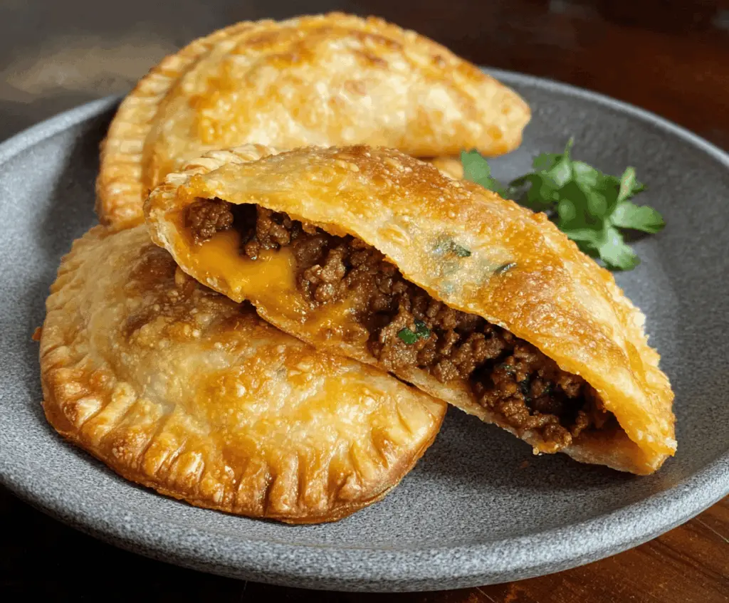 Delicious beef and cheese empanadas with golden, flaky crust and savory filling on a rustic wooden table.