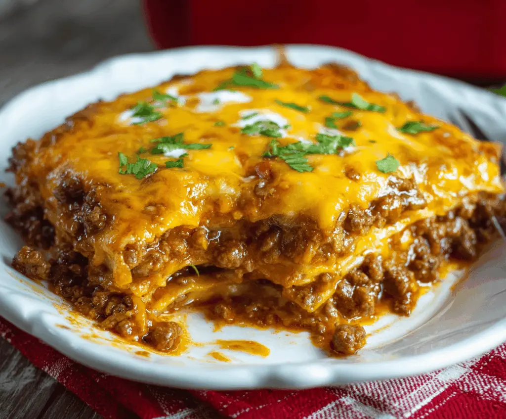 Delicious beef enchilada casserole topped with melted cheese and fresh cilantro, served in a baking dish