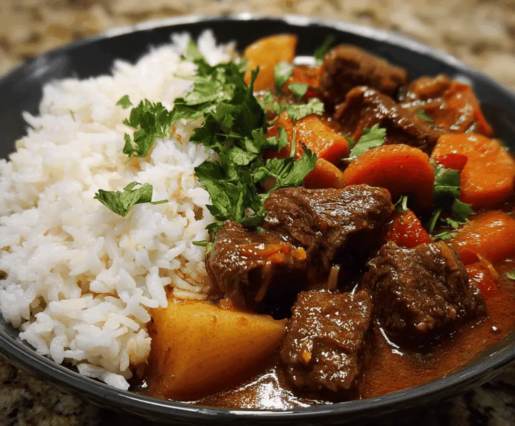 Delicious homemade beef stew served with fluffy rice, featuring tender beef chunks, vegetables, and savory gravy for a hearty and comforting meal.