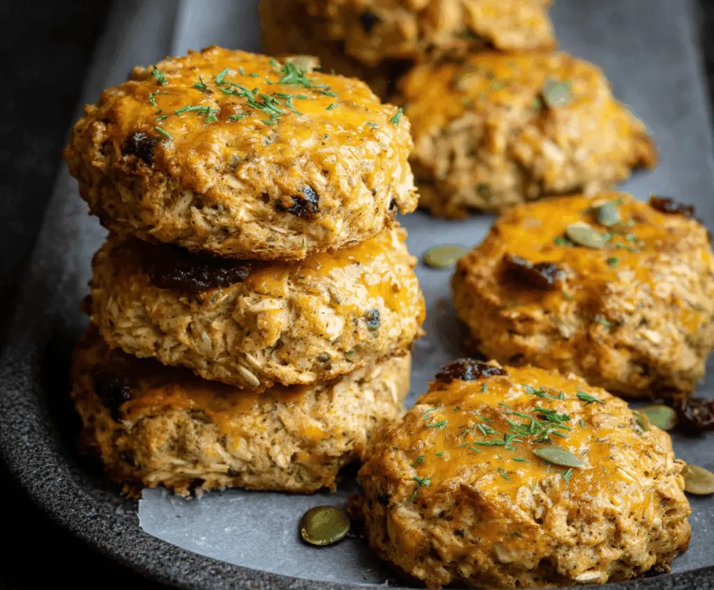 Healthy homemade breakfast protein biscuits on a plate with fresh fruit, perfect for a nutritious morning meal.