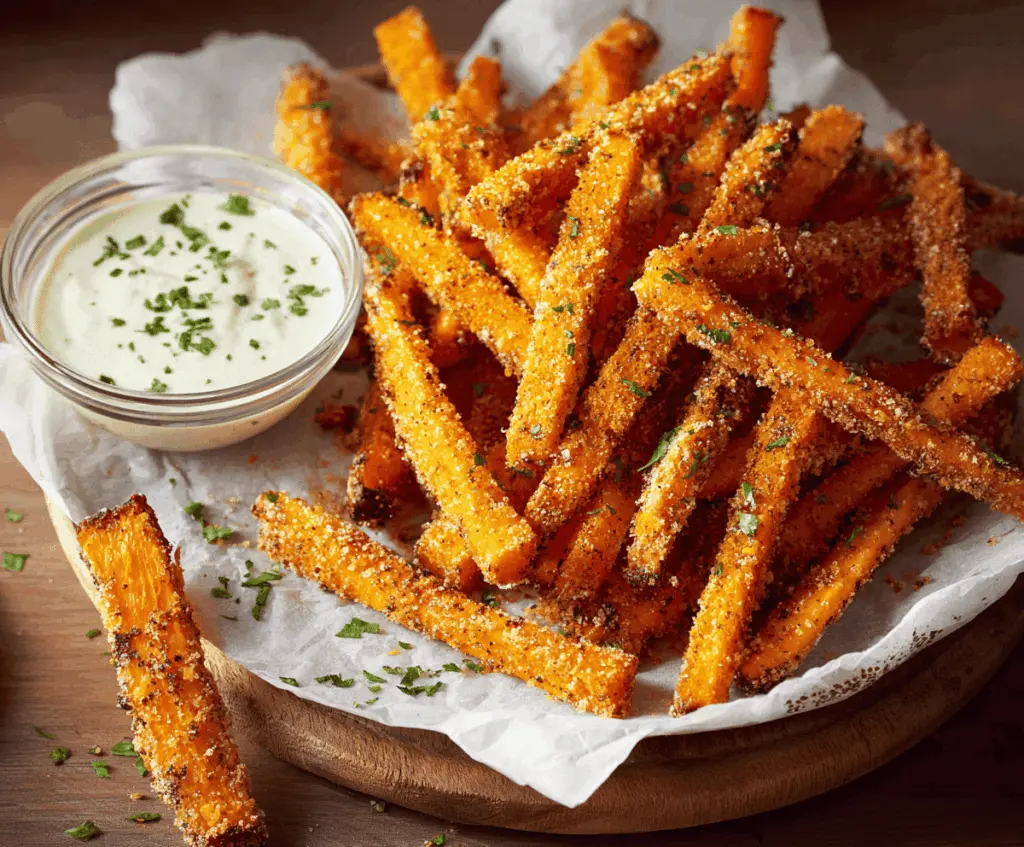 Golden roasted butternut squash fries on a plate, crispy and delicious, perfect as a healthy snack or side dish.