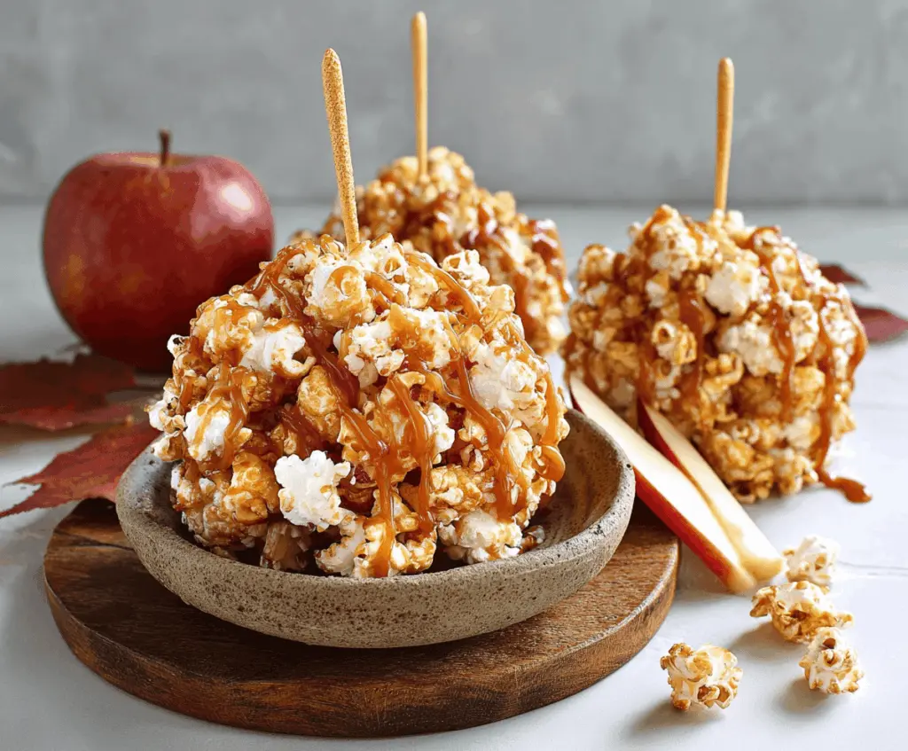 Delicious caramel apple popcorn drizzled with rich caramel and topped with fresh apple slices, perfect for a sweet treat or festive snack