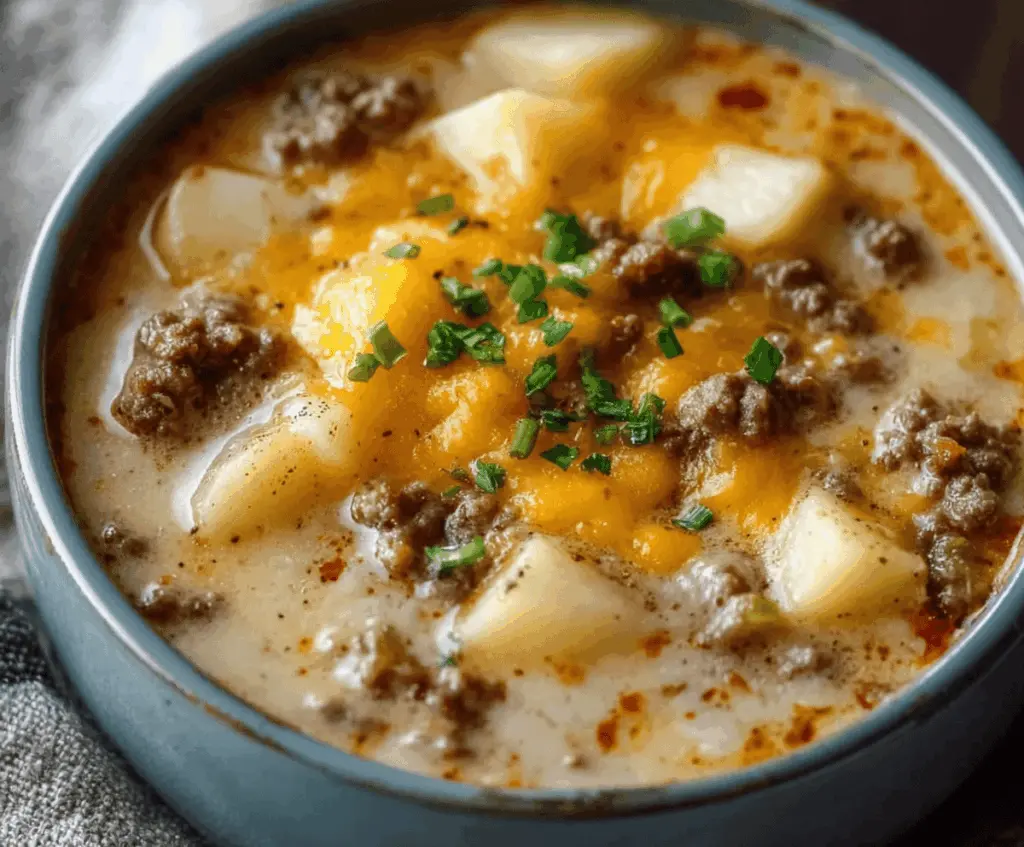 Creamy cheesy hamburger potato soup with melted cheese, ground beef, diced potatoes, and fresh herbs in a bowl.