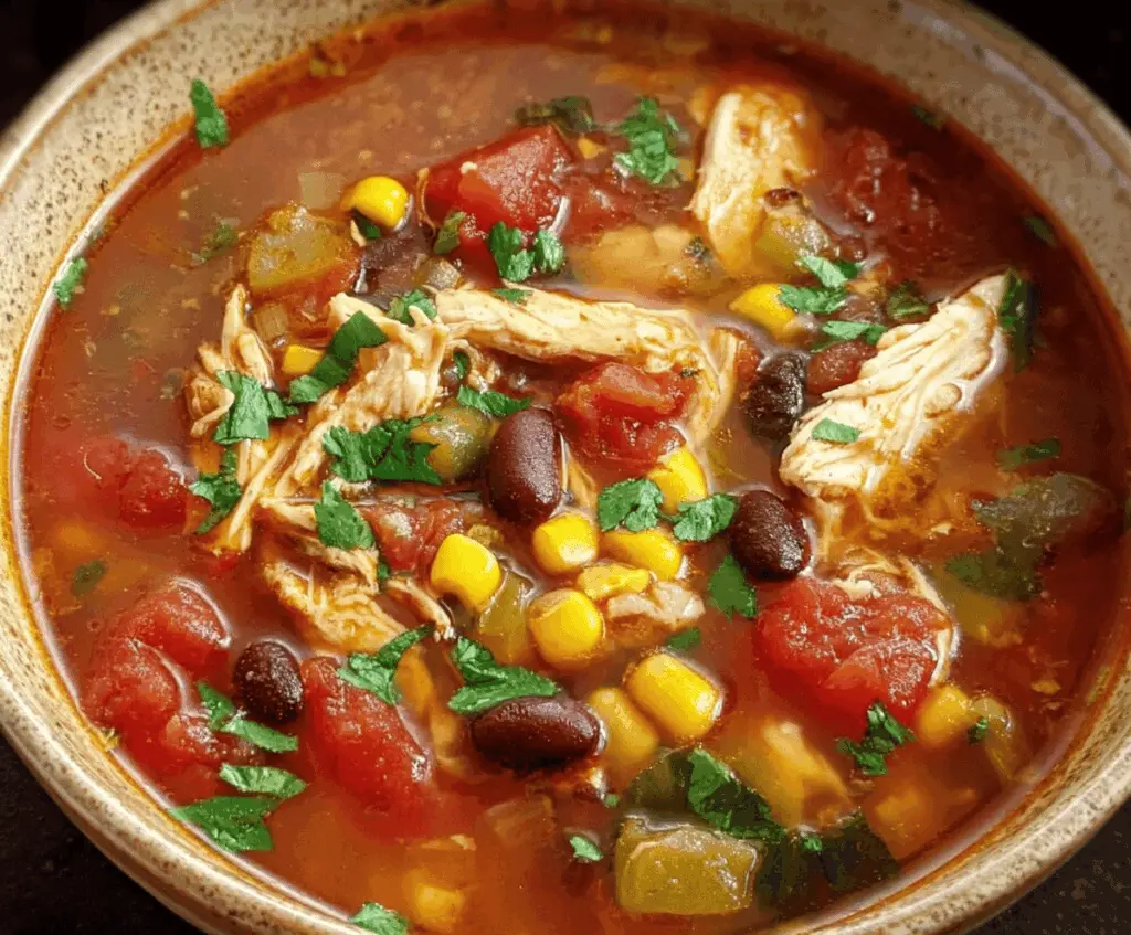Delicious Chicken Taco Soup in a bowl with shredded chicken, beans, corn, and spices, garnished with fresh cilantro and lime slices